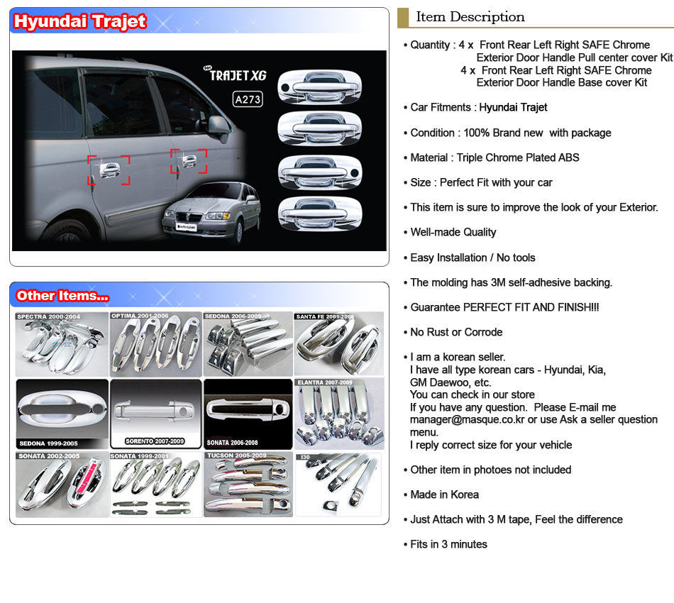 Chrome Door Handle Cover 8PC Kit New for Hyundai Trajet