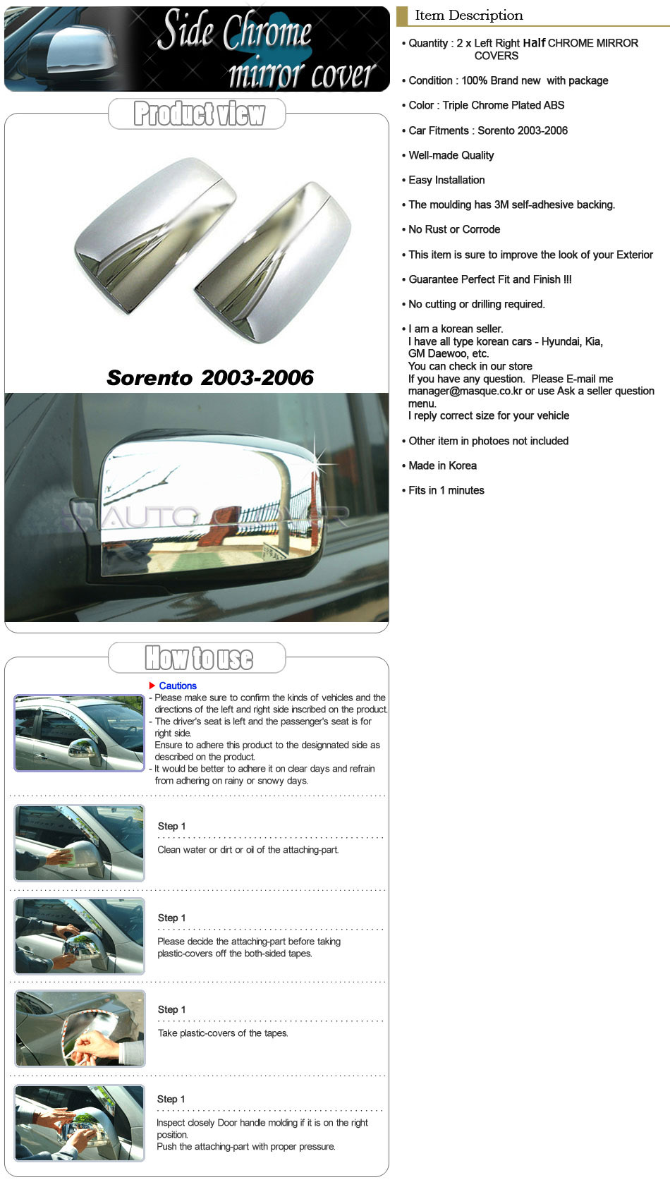 03 06 Kia Sorento Chrome Mirror Full Cover 2pc Kit